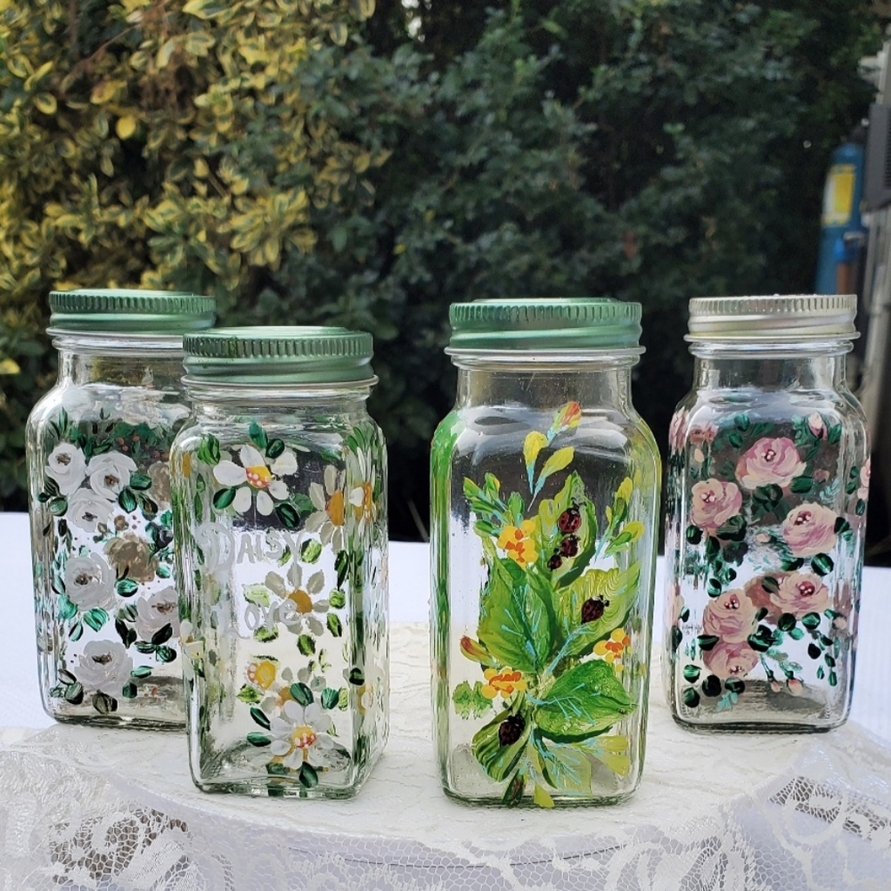 Hand painted Spice or Storage Bottle with 3 designs - choose glass
